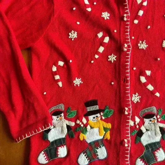 VTG Victoria Jones Christmas Sweater Large Red Button Up Cardigan Snowman - Picture 4 of 11